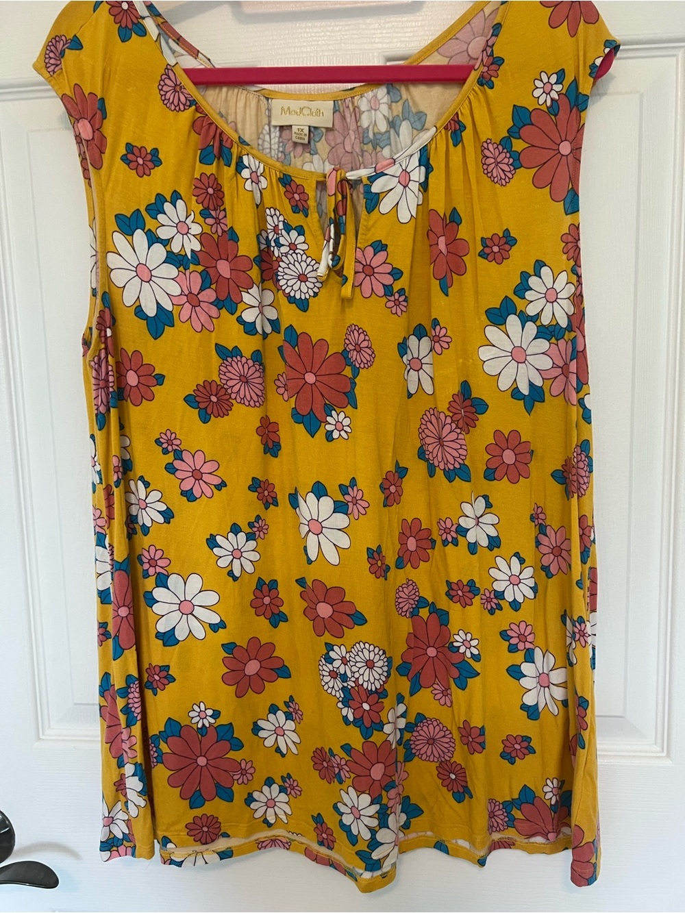 Modcloth Mustard Floral Sleeveless Tie-Neck Tank